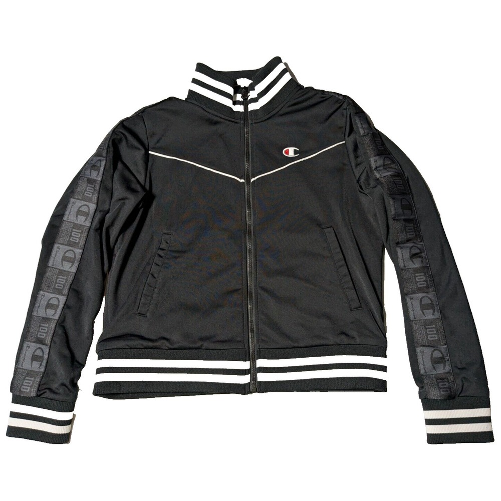 CHAMPION 100 Year Anniversary Women Large Black Lined‎ Track Bomber Jacket